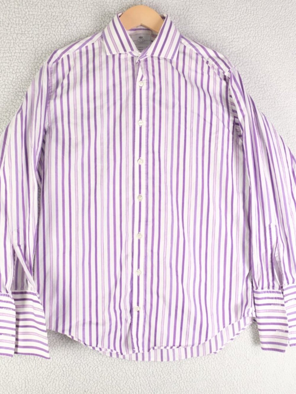 Hawes & Curtis Dress Shirt Mens 15.5 33 White Purple Striped French Cuff Windsor
